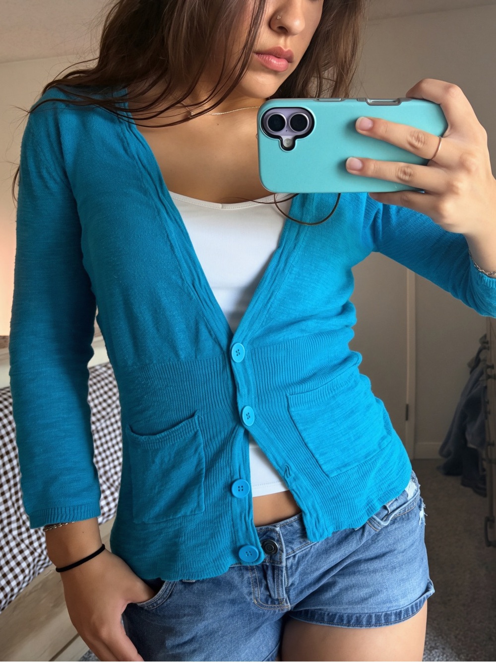 anchor blue Teal Button-Front Cardigan Sweater
